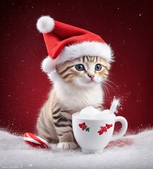 Obraz na płótnie Canvas Adorable Kitten in Santa Hat on Snowflakes Winter Background. Generative AI.