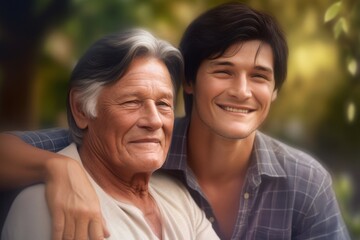 Fototapeta premium Happy elderly man and young men sitting in a park on a sunny day
