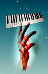 Hands play the piano. Composition with black and white piano keys, synthesizer isolated on light background. Conceptual, contemporary art collage.
