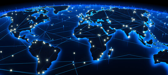 Globe map with light dotted points and lines, symbolizing global network communication technology.