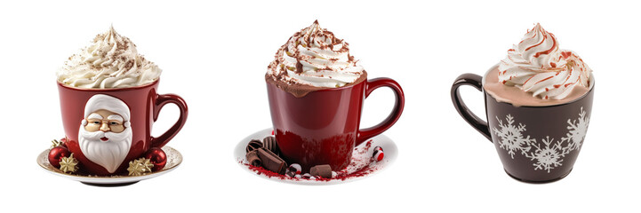 Sets of mugs with hot chocolate and whipped cream, Christmas design. Generative AI.Christmas decorations, isolated on transparent background. Generative AI.