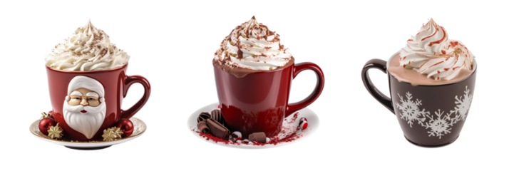 Sets of mugs with hot chocolate and whipped cream, Christmas design. Generative AI.Christmas decorations, isolated on transparent background. Generative AI.