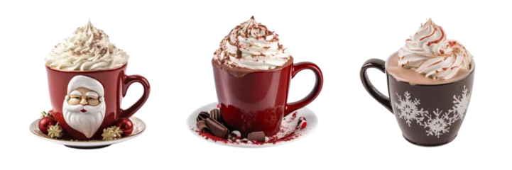 Foto op Aluminium Sets of mugs with hot chocolate and whipped cream, Christmas design. Generative AI.Christmas decorations, isolated on transparent background. Generative AI. © Aga Bak