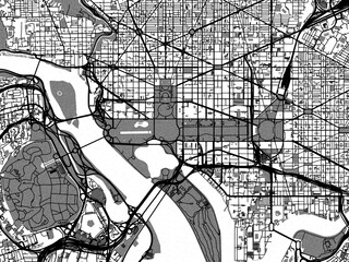 Greyscale vector city map of  Washington District of Columbia in the United States of America with with water, fields and parks, and roads on a white background.