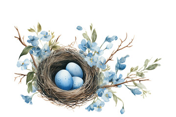 Watercolor composition  a bird nest with blue eggs - obrazy, fototapety, plakaty