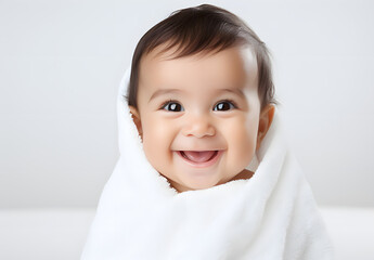 A smiling baby with a white towel on its head, radiating pure happiness and joy in a bright, cheerful setting.