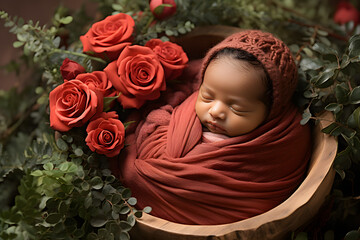 newborn baby sleeping with roses