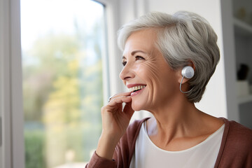A joyful elderly woman tweaks her sleek, cutting-edge hearing aid, grateful for the technology that enhances her auditory experience
