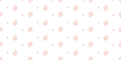 Seamless decorative pattern of delicate flowers and dots on a white background. Decorative print for children's textiles and printing on paper.