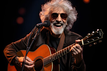 Obraz premium Senior man with white hair and beard, smiling, playing a guitar, and singing into a microphone, a soulful musician.