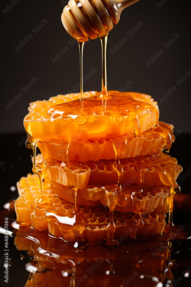 Aufkleber honey drips from comb on minimalistic backdrop background with empty space for text
