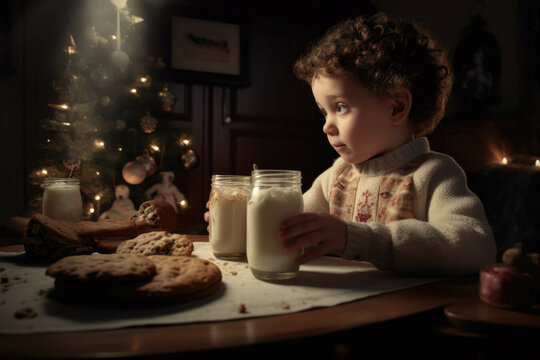 Child Leaving Cookies And Milk For Santa By Tree. - Generative AI