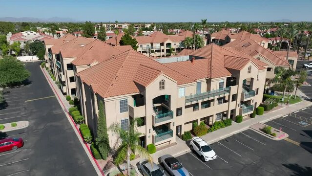 Apartment condos in Arizona. Aerial establishing shot of affordable housing in Southwest USA.