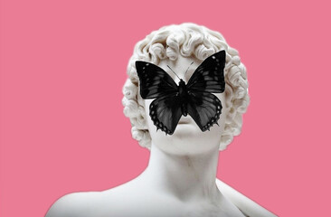 human roman old paper flowers orange god eyes butterfly contemporary collage artwork isolated on pink background