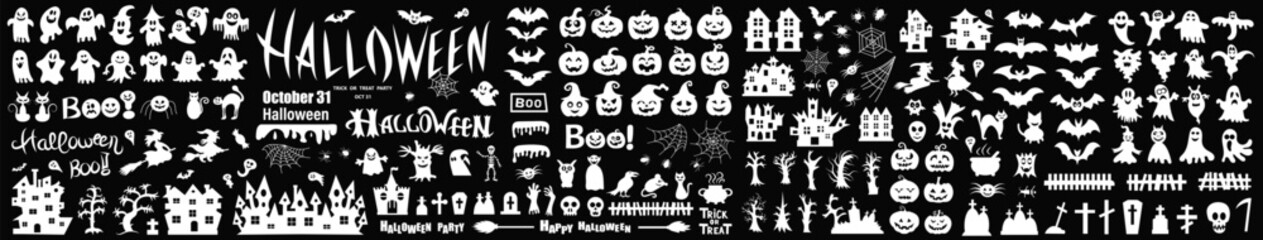 Big set of silhouettes of Halloween on a black background. Vector illustration
