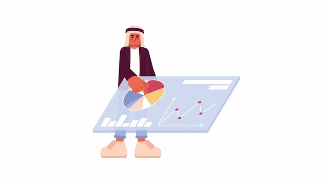 Saudi man tapping marketing analytics dashboard 2D character animation. Flat cartoon 4K video, transparent alpha channel. Young adult saudi male gathering data animated person on white background