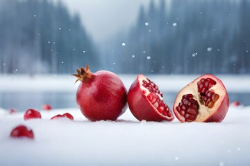 pomegranate as the main object on a snowy background