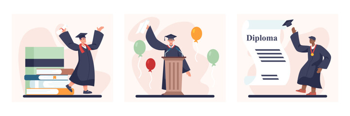 Young academic walking near books. Man in academic dress holding diploma and makes speech. Student tosses hat, standing near diploma. Happy graduation concept. Flat vector illustration - obrazy, fototapety, plakaty
