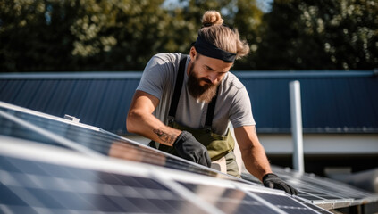 Man installing solar panels on roof of a house.