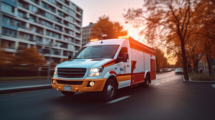 Medical emergency ambulance on city road.