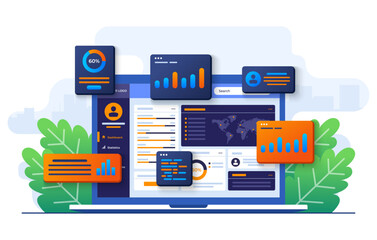 data charts, graphs, and a dashboard on laptop screen, SEO marketing advertising analytics vector illustration, Marketing analytics, Market research, Business Analysis, Financial reports and research - obrazy, fototapety, plakaty