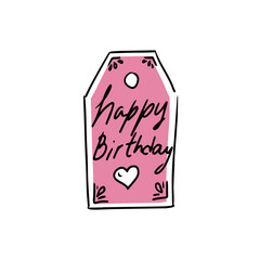 Price tag with  text on a white background. Happy Birthday banner, label, tag, sticker. Hand drawn doodle illustration. Pink color.