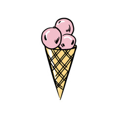 Doodle style ice cream. Hand drawn vector illustration. An ice cream cone with three balls on a white background. Food, sweets. Pink and yellow color.