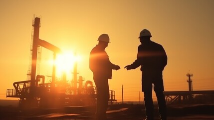 Fototapeta premium Two engineers of the oil and gas industry are sun discussing a business plan, Oil production.