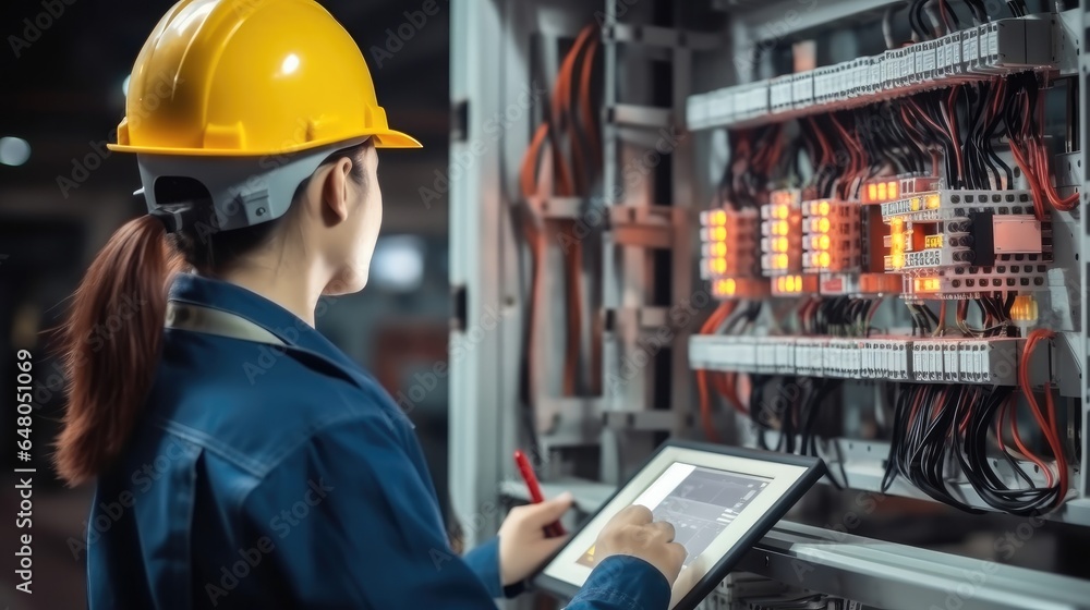 Poster electrical engineer woman working check service maintenance electricity main circuit fuse and power 