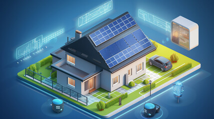 Home_electricity_with_battery_energy_storage_system diagram isometric cartoon 