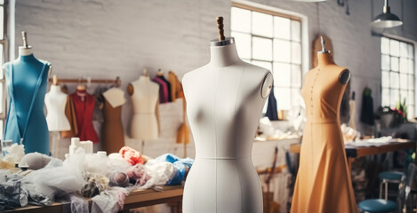 Fashion designer, Small business workshop with various sewing items, fabrics and mannequins...