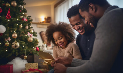 LGBTQ+ family opening presents on christmas morning happy smiling african american parents and child daughter celebrating xmas generative AI - 648051806
