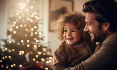 Portrait of father and young child smiling with christmas tree in background, warm cosy celebration created with generative AI
