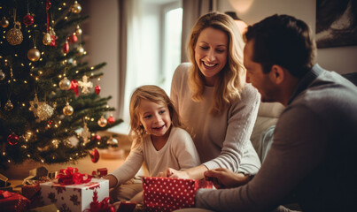 Happy family opening presents around the christmas tree, festive celebrations in a warm and cosy home generative AI - 648051870