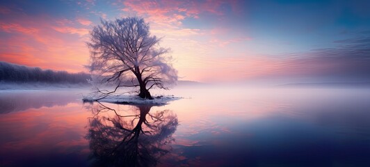 Winter sunrise with pink, golden mist enveloping the scenery. Serene, romantic, and peaceful outdoor ambiance. Beauty of winter season, touch of chill and tranquility.. Gold haze,  serene scene.