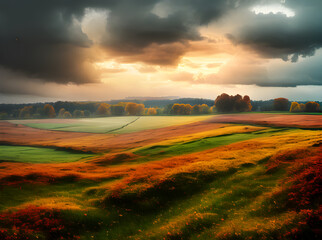 Naklejka na ściany i meble Autumn field painted with cinematic pastel tones.