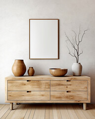 Wooden cabinet, dresser against concrete wall with empty blank mock up poster frame with copy space. Rustic home interior design of modern living room.