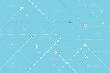 White airplanes, overlapping dotted lines and clouds. Travel and holiday travel patterns. Light blue background.