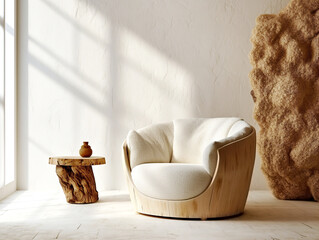 Rustic wooden barrel chair with fabric cushion and root ball wooden end table against venetian stucco wall with sand stone sculpture decor. Minimalist home interior design of modern living room.