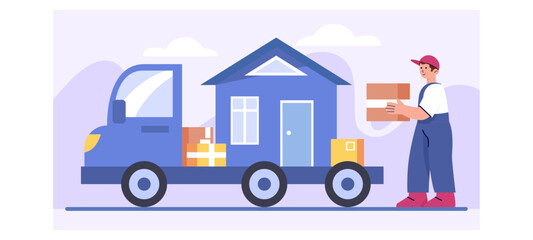 Courier holding box, standing near big truck with building and different boxes. Moving and transporting house and belongings. Flat vector illustration in blue colors in cartoon style