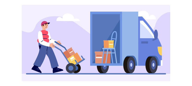 Man in uniform carry boxes with things to truck. Porter helping client to move. Transportation and delivery of things. Flat vector illustration in blue colors in cartoon style