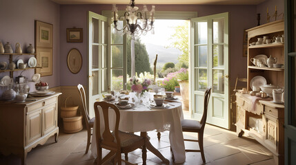 Fototapeta na wymiar Dine in a French countryside-inspired dining room. Vintage wooden furniture, floral patterns, and soft pastel colors set the tone. A large wooden table is set with porcelain dishes and fresh lavender