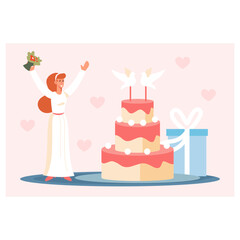 Beautiful happy bride in white dress holding bouquet and looking at big wedding cake. Wedding ceremony with cake and gifts. Flat vector illustration in cartoon style