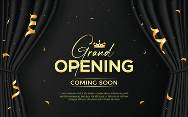 Realistic grand opening invitation banner with black curtains, golden elements and 3d editable text effect