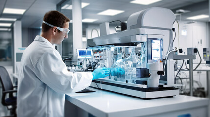 Researcher working in a modern laboratory with medical Sampling Machine. Scientist analyzing samples in the automatic machine of the Biotechnology laboratory. Generative Ai