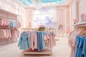 Modern and stylish interior of a children's boutique, showcasing a wide selection of children's clothing and premium, high-end and ready-to-wear items.
