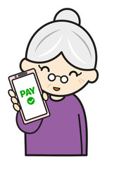 スマホ払いで笑顔のおばあさん