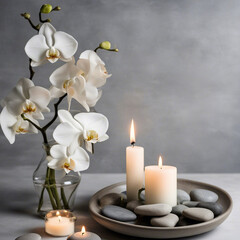Fototapeta na wymiar Spa still life with white orchids and candles on gray background.