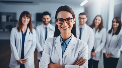 Fototapeta premium Portrait of a smiling female doctor standing in front of her team. Ai render.