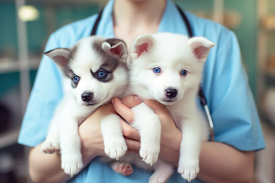 Hands of a veterinarian with a cute huski dogs in a veterinary clinic